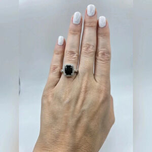 California Black Jade, White Zircon Ring in Rhodium Over Sterling Silver